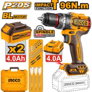 Taladro atornillador inalambrico 20v 96Nm 2 baterias 4.0ah/cargador/accesorios