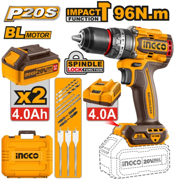 Taladro atornillador inalambrico 20v 96Nm 2 baterias 4.0ah/cargador/accesorios