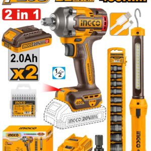 Pistola de impacto 1/2" 20v 400Nm 2 baterias/cargador/linterna/10 dados
