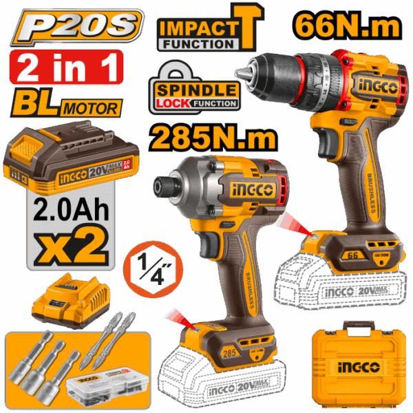 Combo taladro 1/2" y llave impacto 285Nm con 2 baterias y cargador